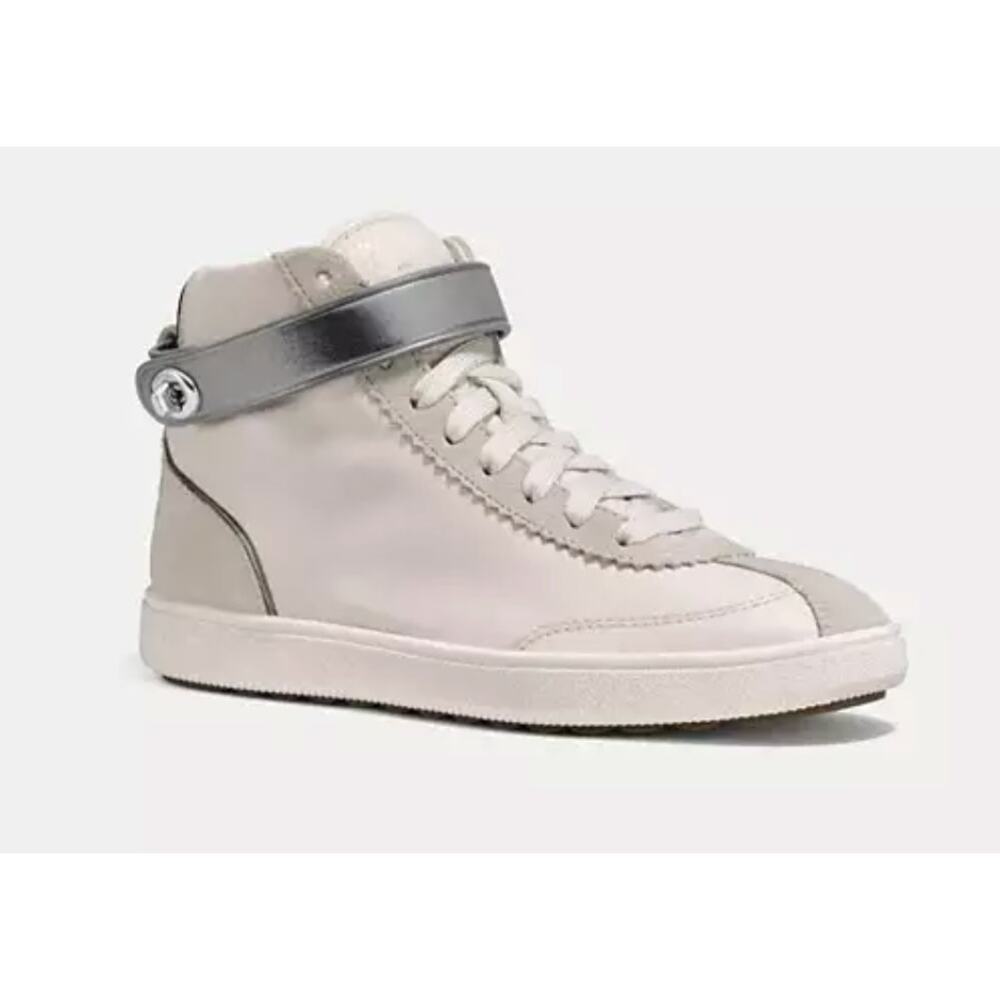 Coach C213 High Top Sneakers White Silver Leather Suede 9.5 - Picture 1 of 14